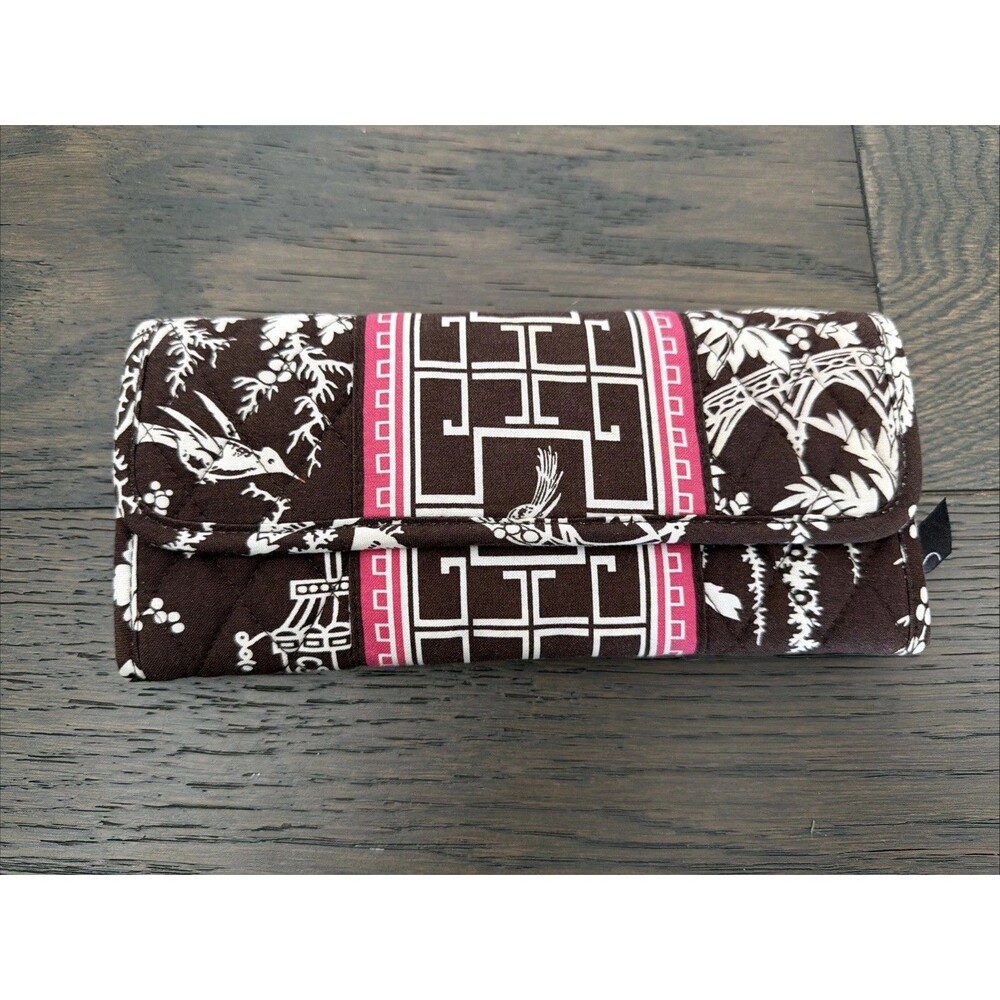 Vera Bradley Imperial Toile Brown Pink Bird Tri Fold Clutch Bag Purse No Strap